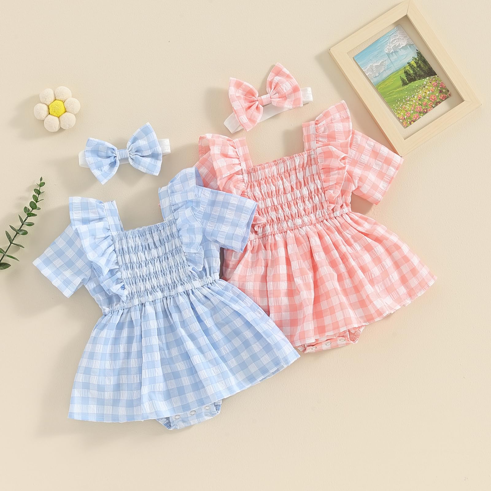 Infant Toddler Baby Girl Summer Clothes Short Sleeve Plaid Romper Jumpsuit Dress One Piece Bodysuit Summer Outfit (Blue, 18-24 Months)