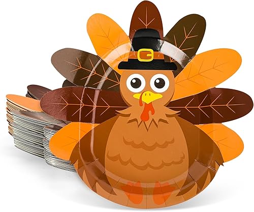 Whaline 24 platos de papel de Acción de Gracias, lindos platos desechables con forma de pavo, vajilla decorativa con patrón de pavo para otoño,