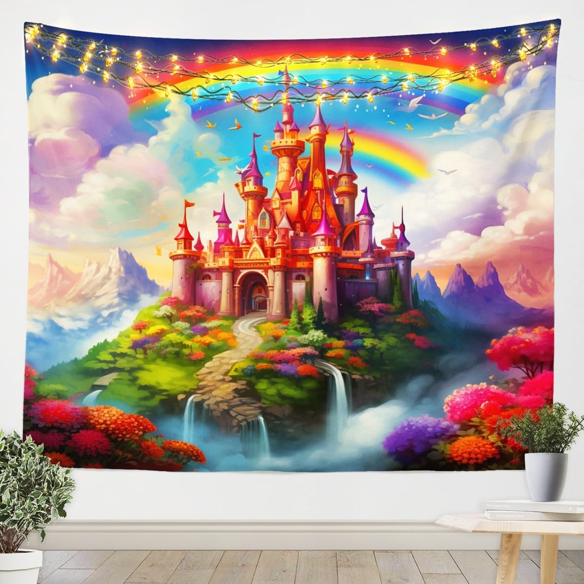 Castle Girlish Kids Tapestry,Rainbow Floral Garden Dreamy Wall Tapestries,Girls Women Room Decor,Princess Theme Romantic Wall Hanging,Purple Colorful Home Wall Decor,XLarge 70.9 x 92.5 Inches