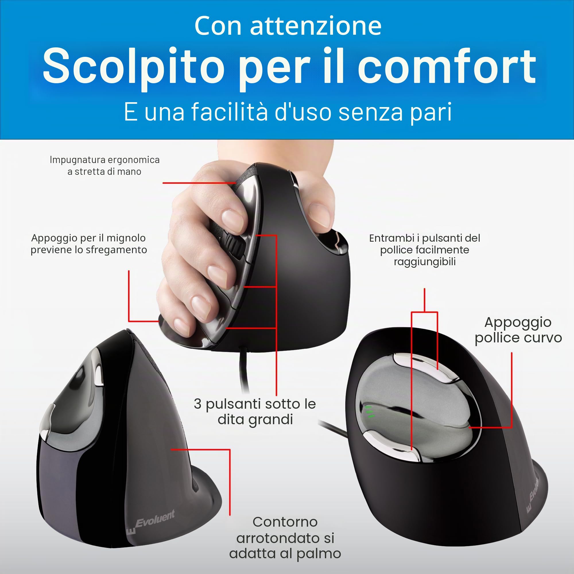 Evoluent Verticalmouse D Medium Mouse Ufficio Mano Destra Usb Tipo A Laser (evoluent Verticalmouse D - Right Handed Usb Wired - Medium. The New D or