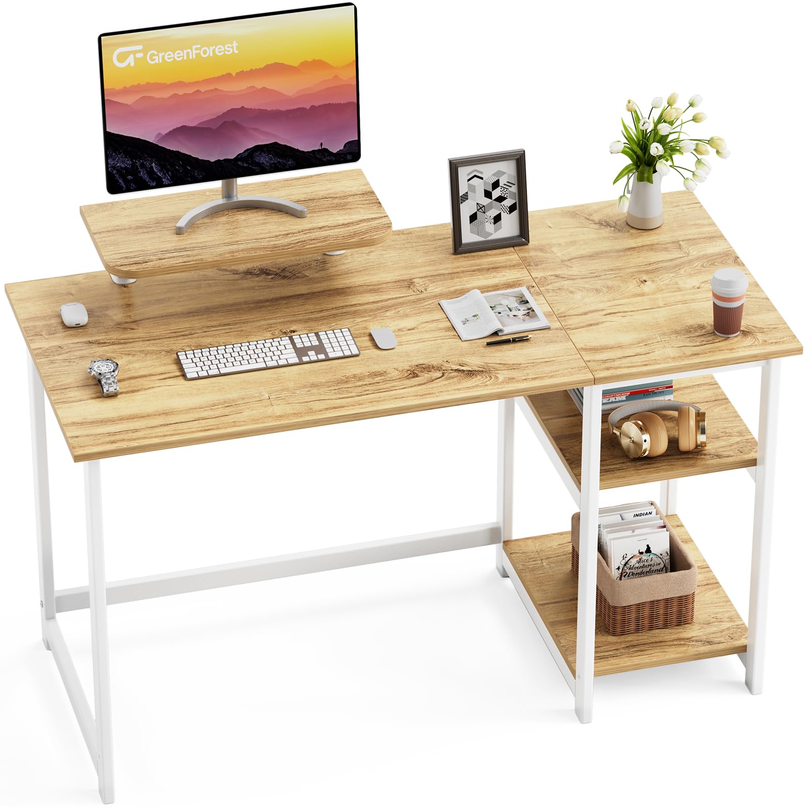 GreenForest Escritorio Ahorrar Espacio y Estantes Reversibles,100 cm Mesa de Estudio Compacta con Estante Monitor, para Oficina en Casa o Dormitorio Estudiante, Beige