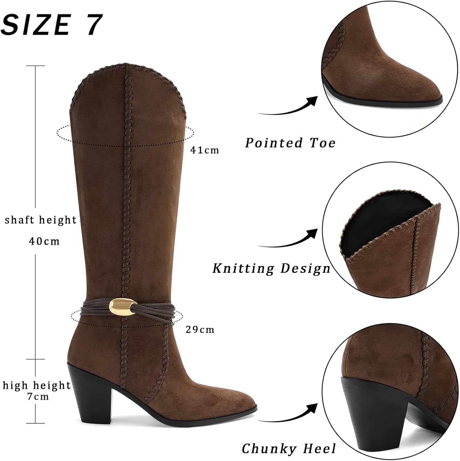 Suede Cowboy Boots for Women Pointed Toe Knee High Cowgirl Boots Chunky Heel Western Boot Dressy Fall Pull on Fashion - Image 5
