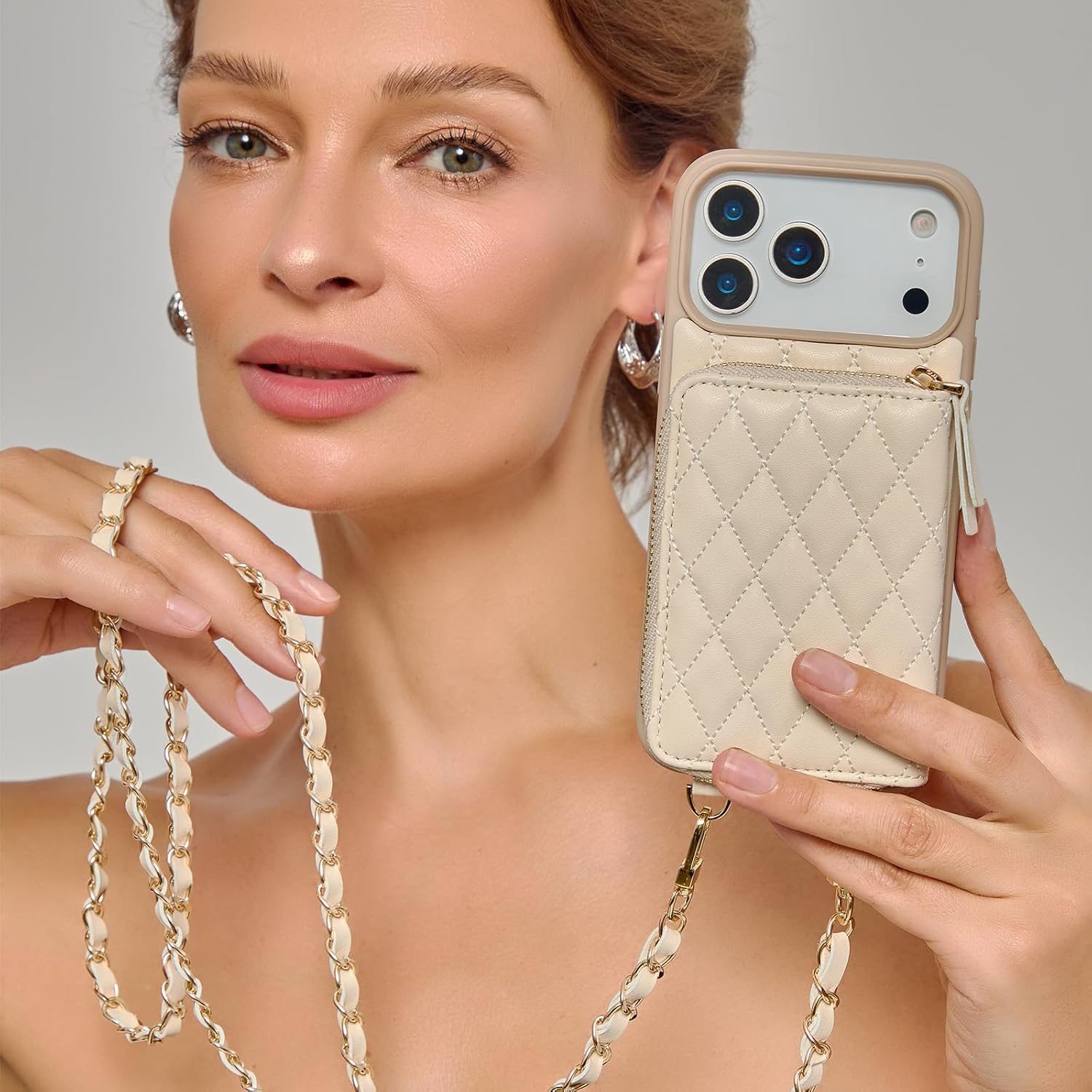 LAMEEKU for iPhone 17 Pro Max Case Wallet with Wrist Strap, RFID Blocking Crossbody Phone Cover for Women 6.9" Beige - Image 9