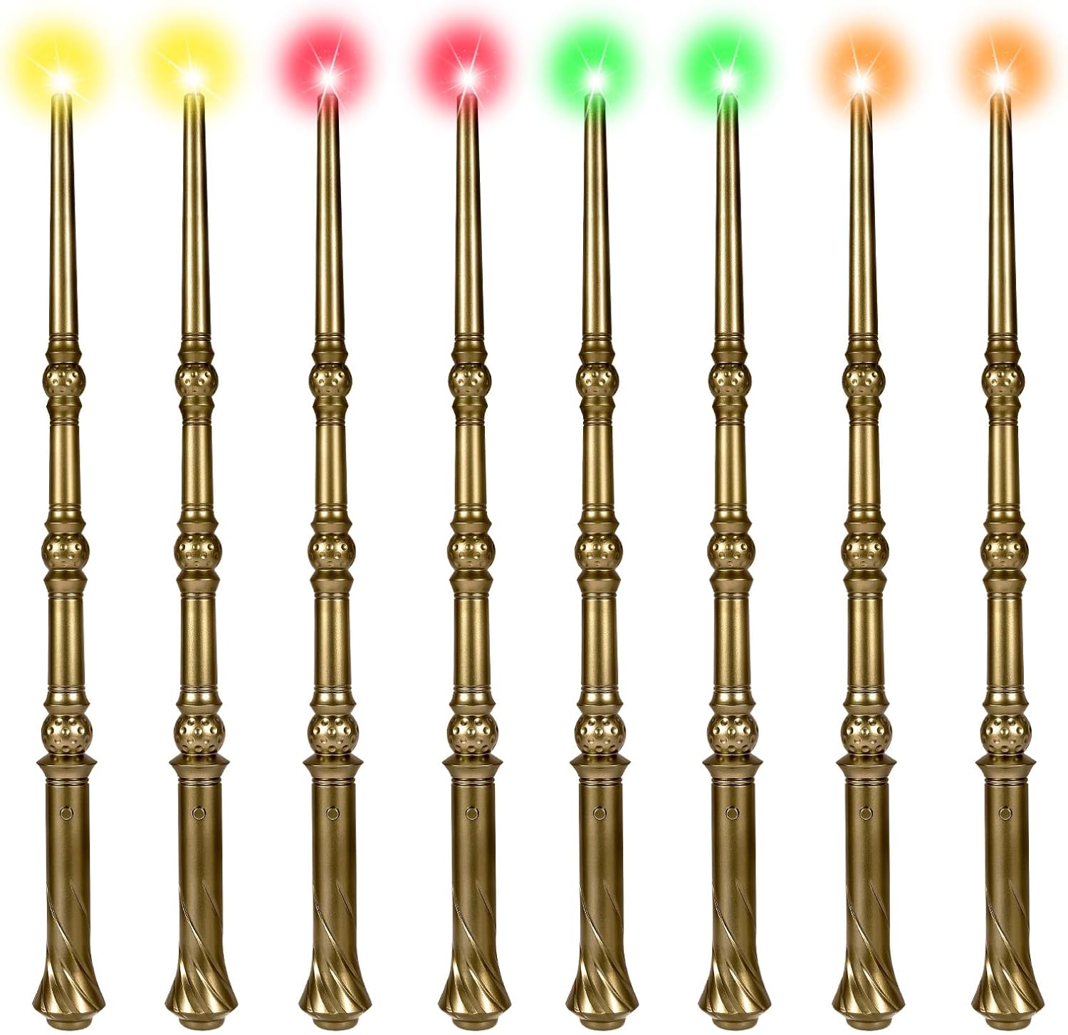 KingVows Light Up Magic Wizard Wand with 4 Color Lights & Sound - Set of 8 Illuminating Witch Sorcerer Toys for Kids Cosplay Party, Golden