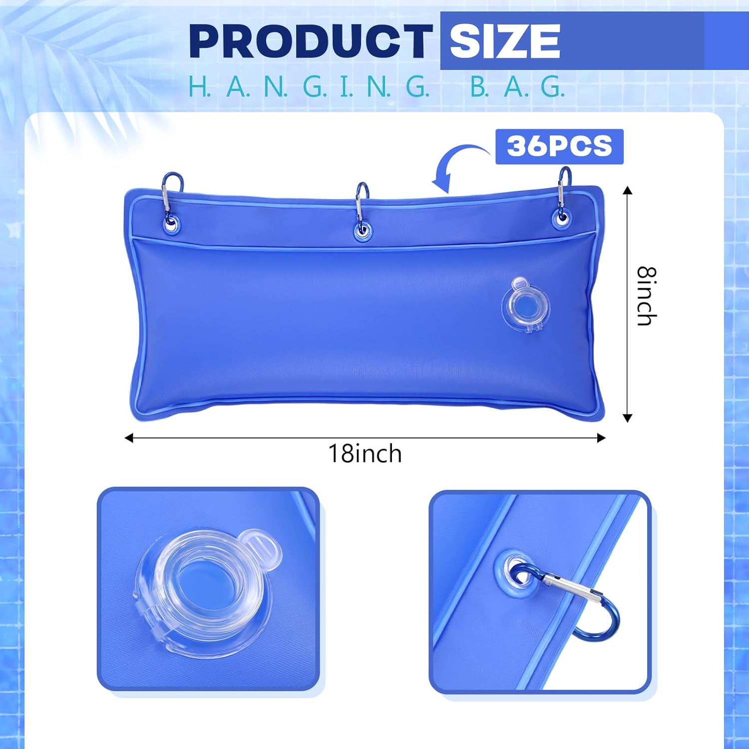 VioraWhite 36 Pack Pool Cover Weights Above Ground with Hooks, 8" L x 18" W Swimming Pool Cover Tarp Weights Thick PVC Winter Hanging Water Bags for Antifreezing Heavy Duty for Closing Kit (Blue)