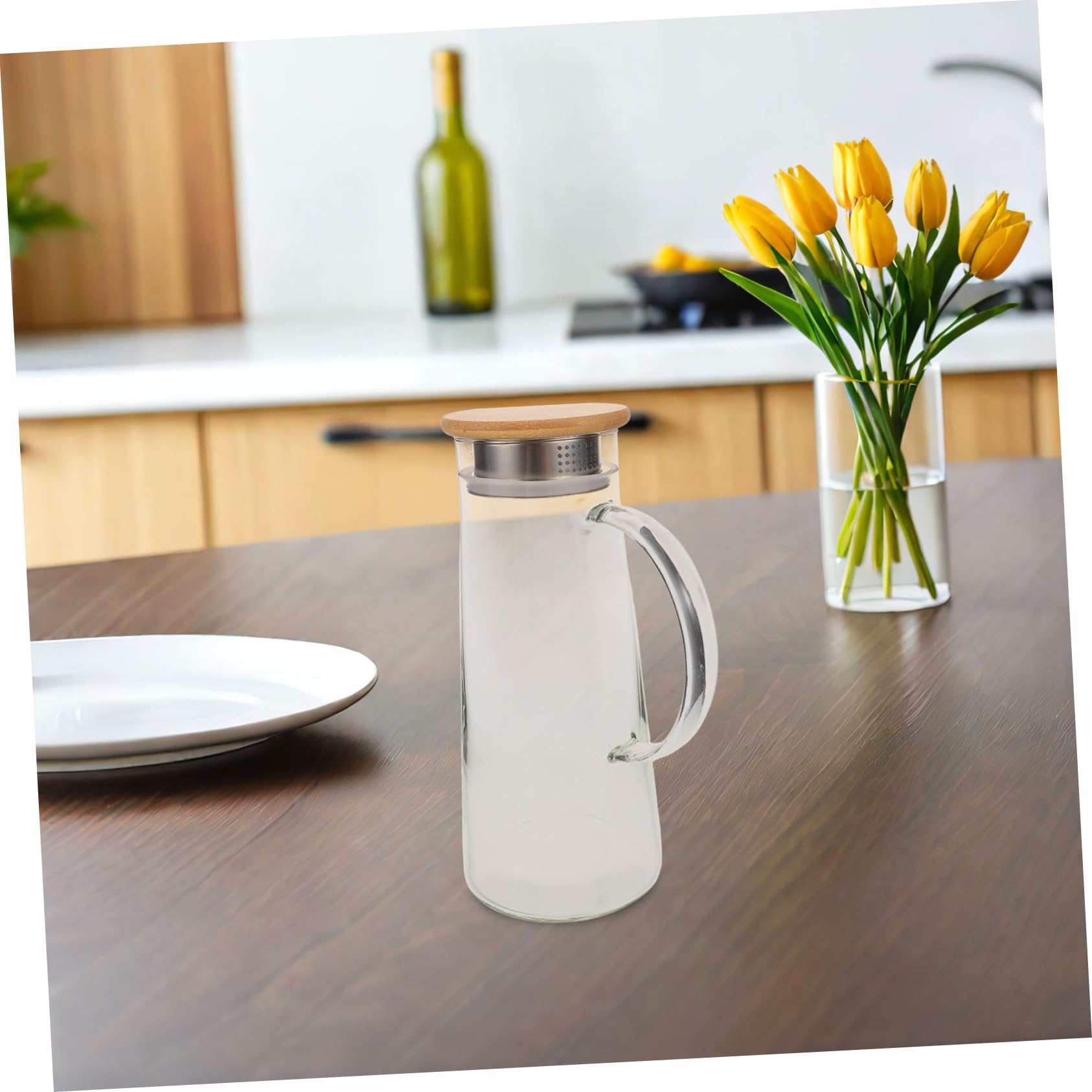 Glaskaraffe mit Deckel und Ausgießer aus Glas, Bambus und Edelstahl | Gallon Volumen, Hitzebeständig und Leicht zu Gießen, für Wasser, Saft, Tee und Kaffee
