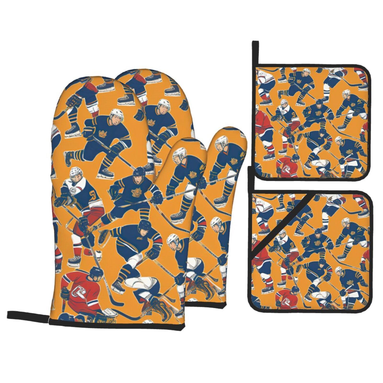 hockey Print 4-Piece Oven Microwaving Set Waterproof Kitchen Gloves for Baking Grilling Cooking