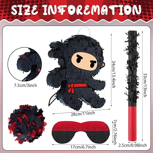 Miniatura 3 de Karate Ninja Piñata Ninja Suministros para fiesta de cumpleaños con palo de piñata confeti y venda, decoración de fiesta de cumpleaños de guerrero