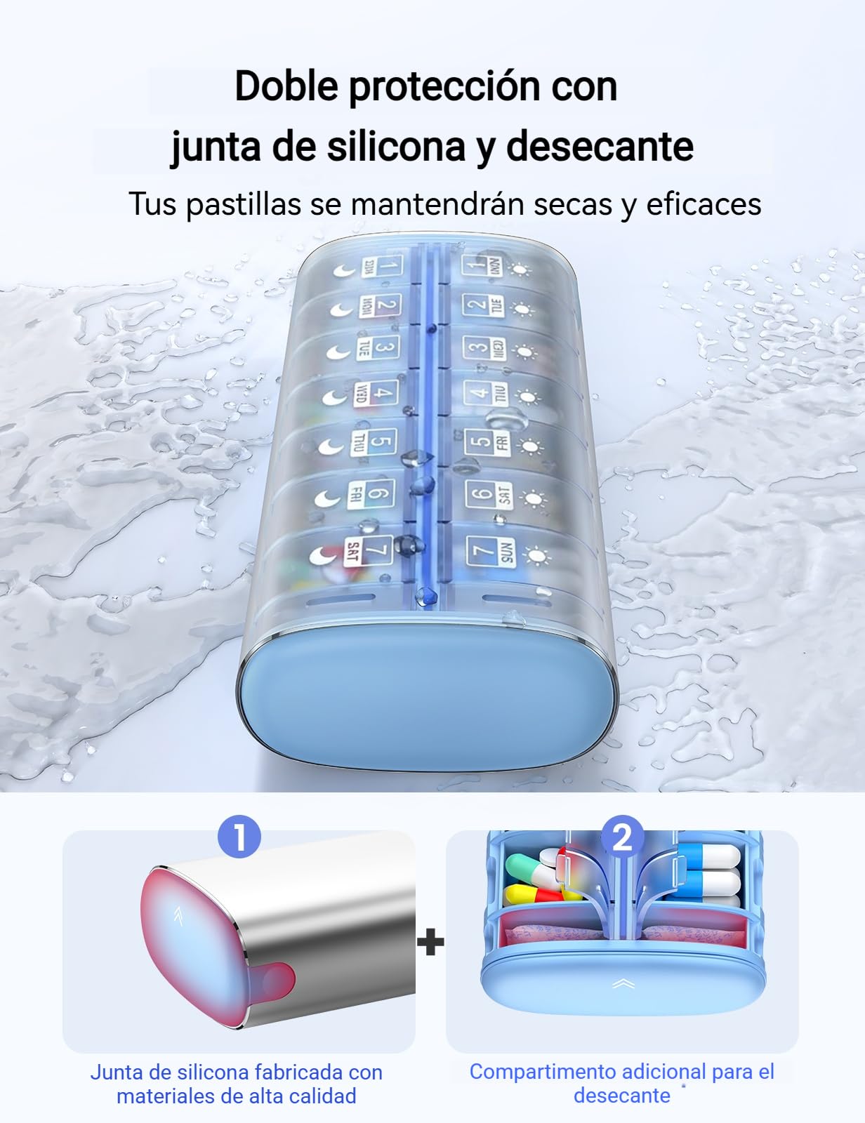 Vaydeer Pastillero Semanal 2 Tomas – Organizador Metálico 7 Días con Protección Anti-Humedad, Compartimentos Sellados AM/PM para Viaje, Vitaminas, Médicos (Plata Compacto)