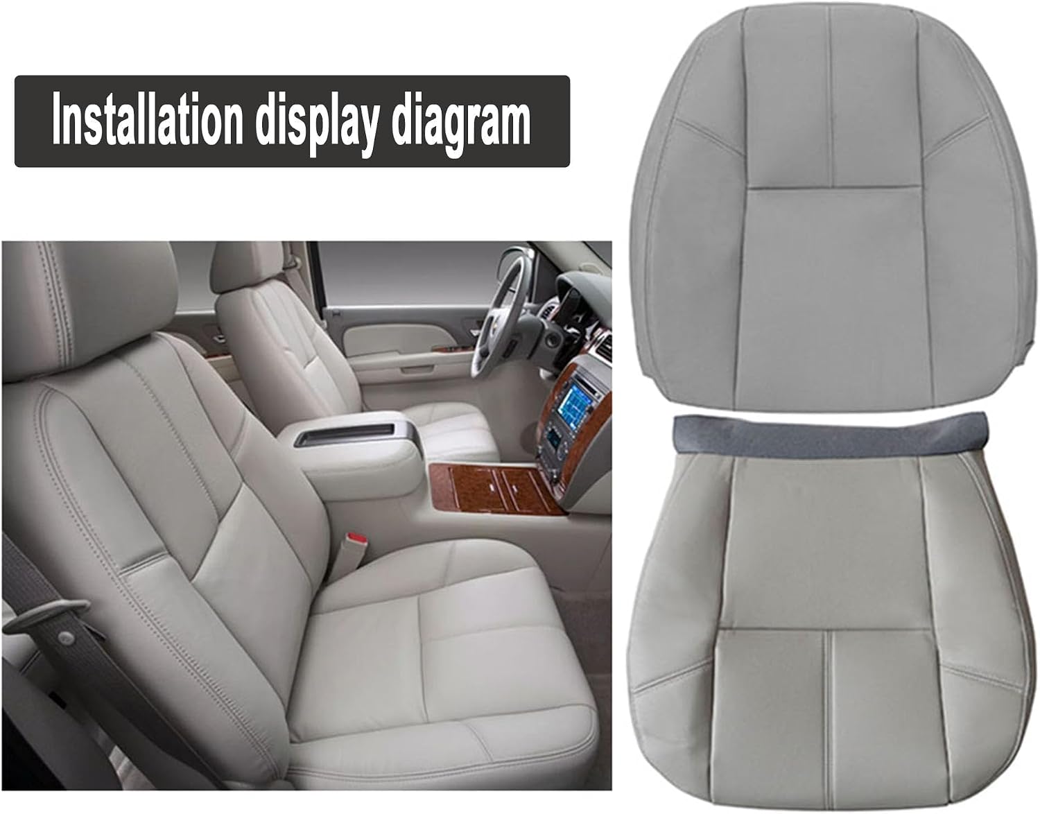 GXARTS Driver and Passenger Side Bottom & Top Lean Back Replacement Leather Seat Cover Gray & Driver Foam Cushion Fit for Chevy Silverado Avalanche Tahoe Suburban GMC Yukon Sierra 2007-2014