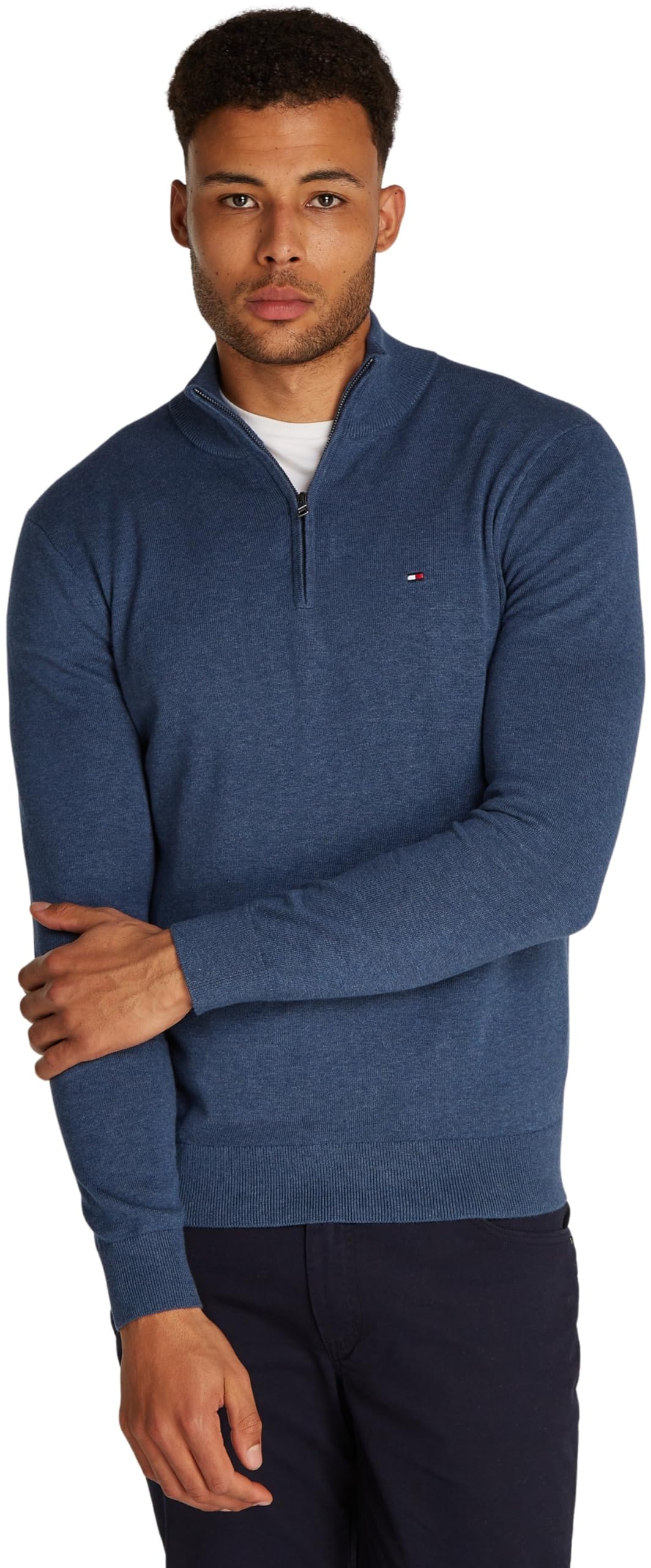 Tommy Hilfiger Men’s Mock Neck Half Zip Jumper, Blue (Aegean Sea Heather), 3XL