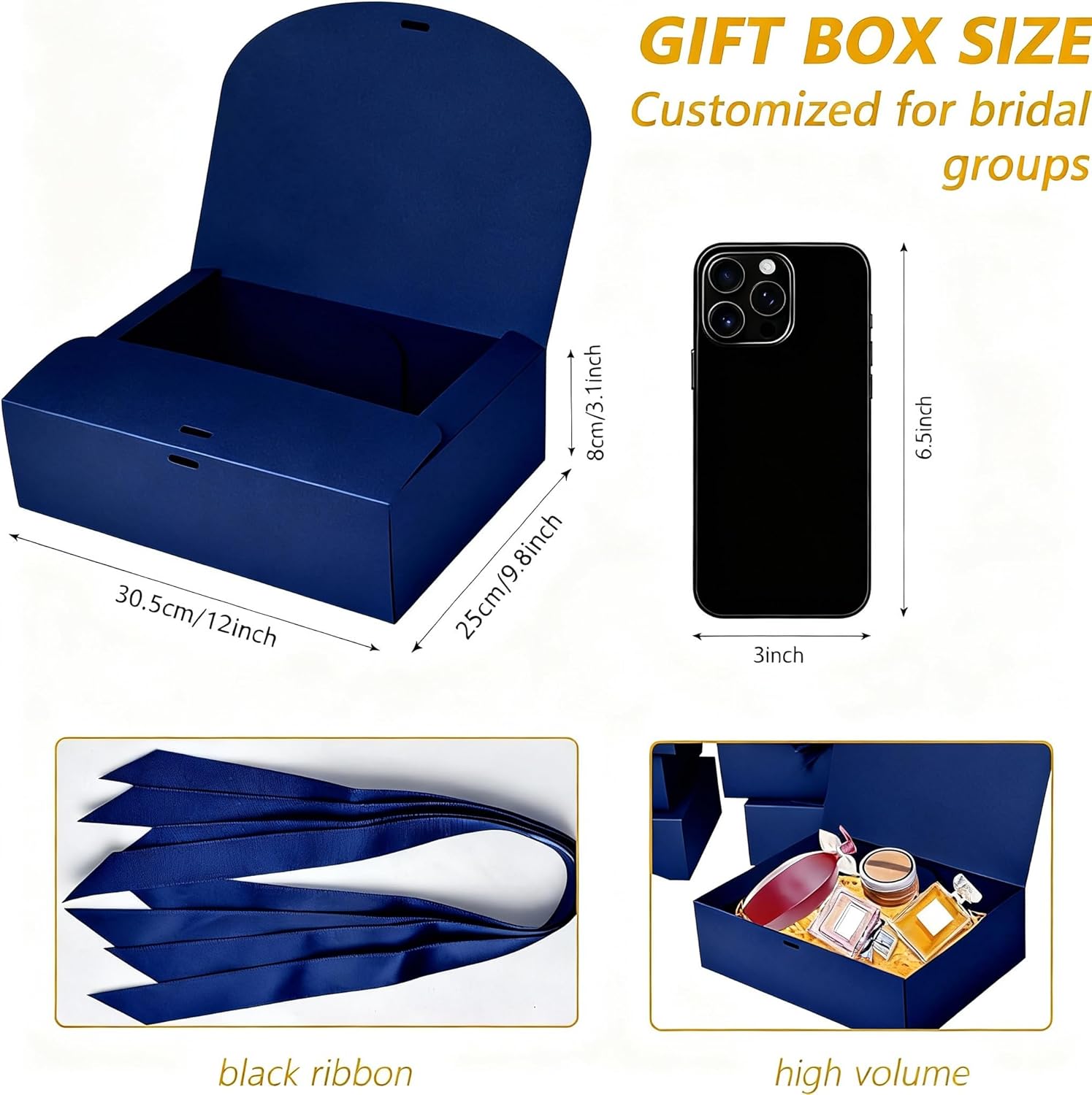 12Pack Navy Gift Boxes with Lids, 12×9.8×3.1 Inch Groomsmen Proposal Box, Luxury Navy Gift Box with Ribbon for Wedding, Birthday, Party, Christmas, Bridesmaid, Graduation Gift