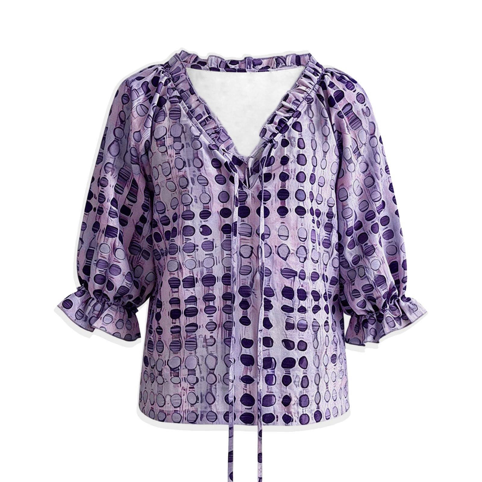 Générique Polka Dot Lace Up Blouse for Women,V Neck Abstract Print Drawstring Shirts | Summer Casual Loose Ruffle 3/4 Sleeve Flowy Tops with Adjustable Lace-Up