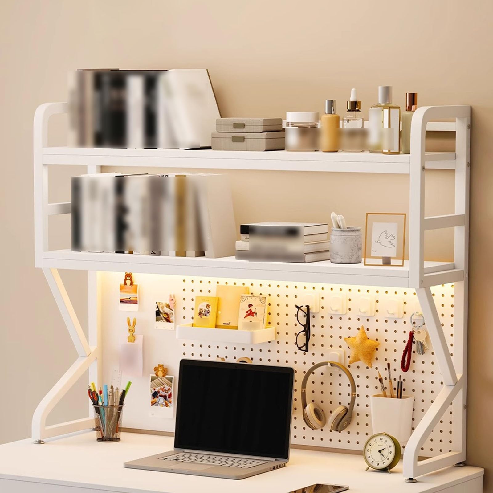 GUQASDV 2 Tiers Desktop Bookshelf with pegboard,desktop bookshelf, multipurpose bookshelfs storage rack,dormitory desk bookshelf,computer desk bookcase for desktops(White 3tier,75cm)