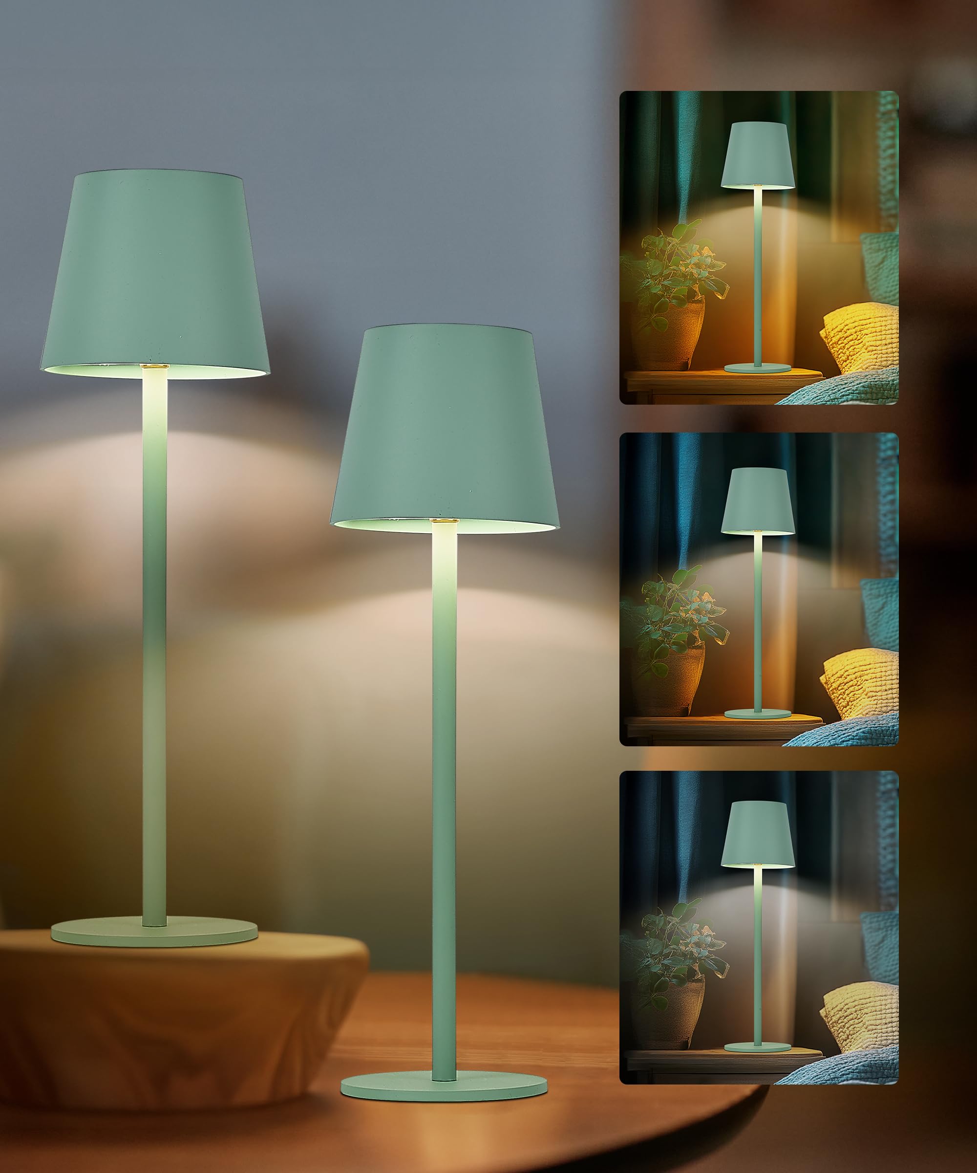 Faithorse Boys Vintage Green Rechargeable Lamp Cordless Table Lamp, 2 Pack Battery Operated Lamps 5200Mah Ip54 Waterproof Wireless Lamp With 3-Color Modes Touch Control Night Light For Bedroom(Vintage Green)