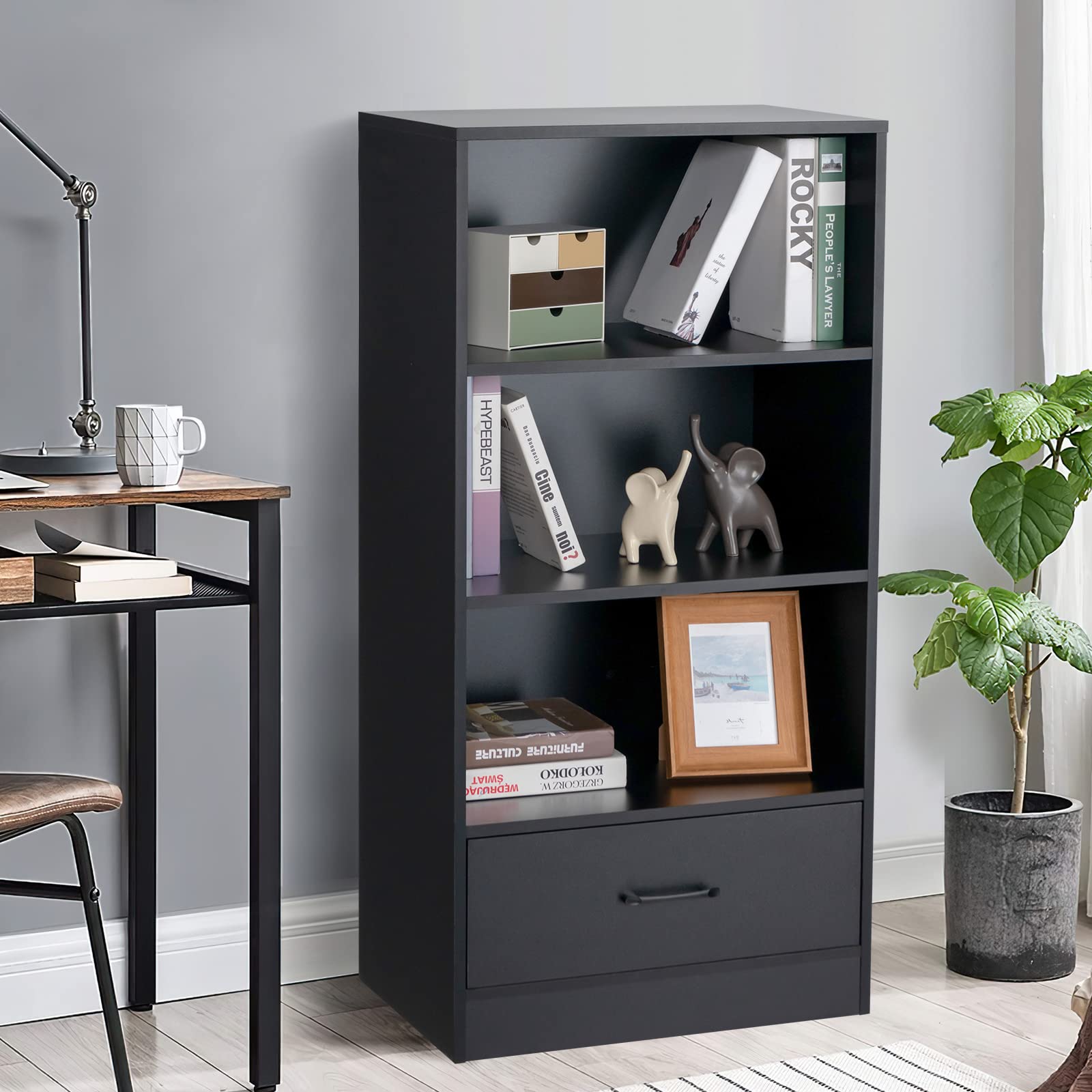 KOMFOTTEU Boekenkast met 3 open niveaus, rek met verstelbare planken, organizer met kantelbeveiliging, opbergkast voor slaapkamer, woonkamer, 50 x 30 x 75 cm (bruin