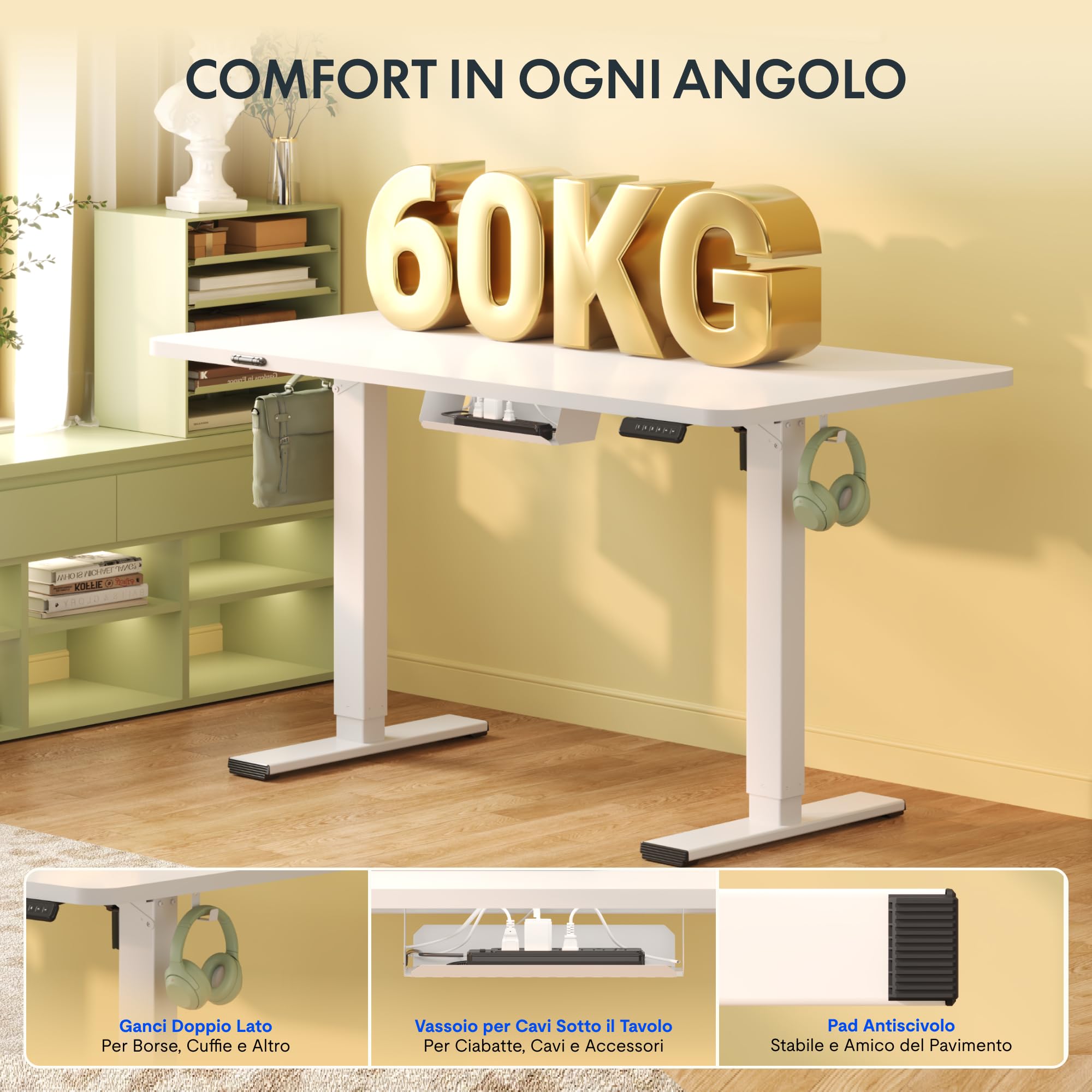 FLEXISPOT Scrivania Regolabile in Altezza 120x60 cm, Piano Unico FSC, 4 Memorie, Anticollisione con Ritorno Automatico, 2 Ganci, Portaoggetti e Gestione Cavi