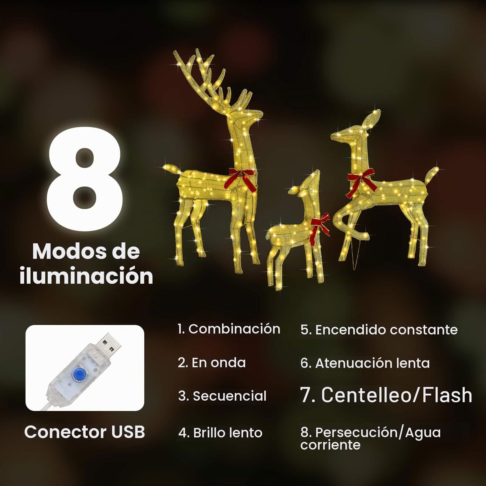 vidaXL Familia de Renos con 300 LED 3 pcs cálido 68 x 26 x 127 cm Tela, Sala, decoración Moderna de Renos, Figuras navideñas, luz USB, Adornos Festivos para tu hogar