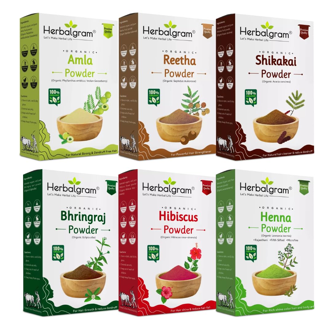 Herbalgram Amla Reetha Shikakai Bhringraj Hibiscus Henna Powder 600g | 100% Pure Herbal Hair Care Combo | Hair Growth Hair Fall Control Dandruff Care & Scalp Nourishment for Men & Women-image-21
