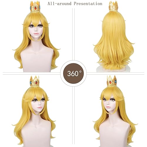 Miniatura 7 de LABEAUTÉ Peluca de princesa dorada con corona, broche + clip para la oreja, juego de 4 piezas de rubio, largo, ondulado, para Halloween, melocotón,