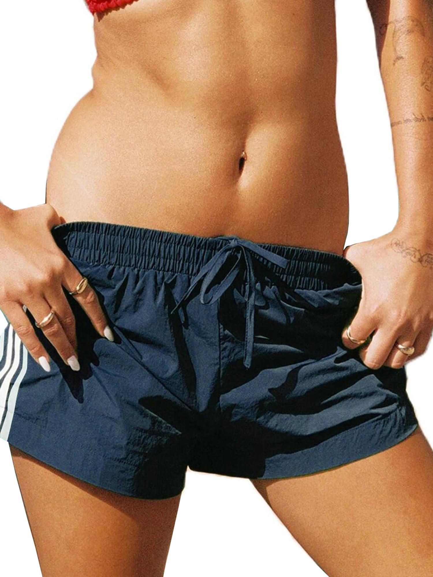 Women's Striped Sports Shorts Elastic Waist Low Waist Baggy Short Workout Sports Sweat Shorts-image-25