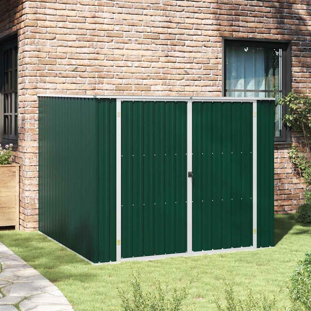 Cobertizo verde 195 x 198 x 159 cm de acero galvanizado con puertas dobles, techo inclinado para almacenamiento resistente a la intemperie de herramientas, bicicleta y cortacésped
