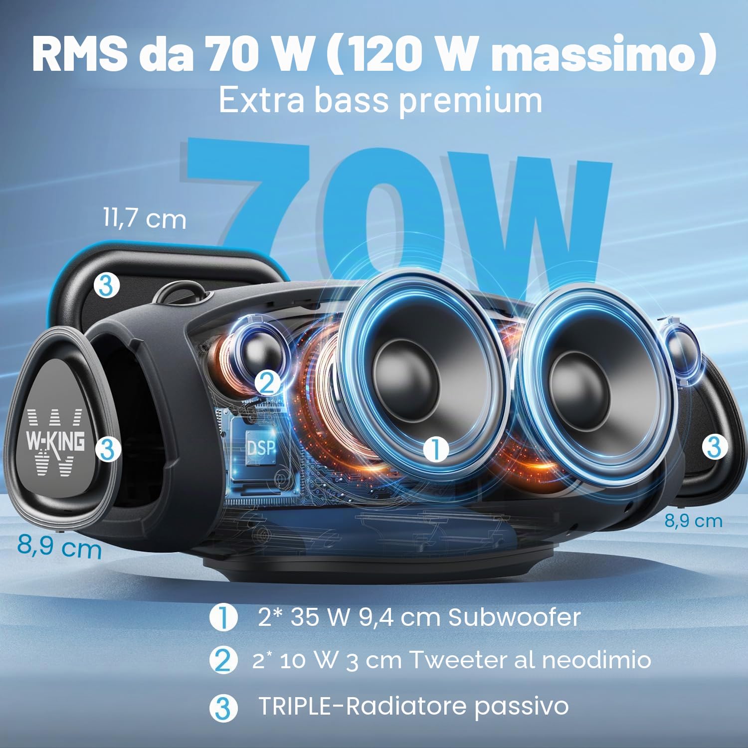 W-KING 120W PICCO 70W Cassa Bluetooth Altoparlante Potente Portatile Grande con Wireless Microfono, IPX6 Impermeabile per Esterni,Cinghia/Grande Basso/Accumulatore Di Energia/DSP/Audio/Sche TF/EQ/Apri