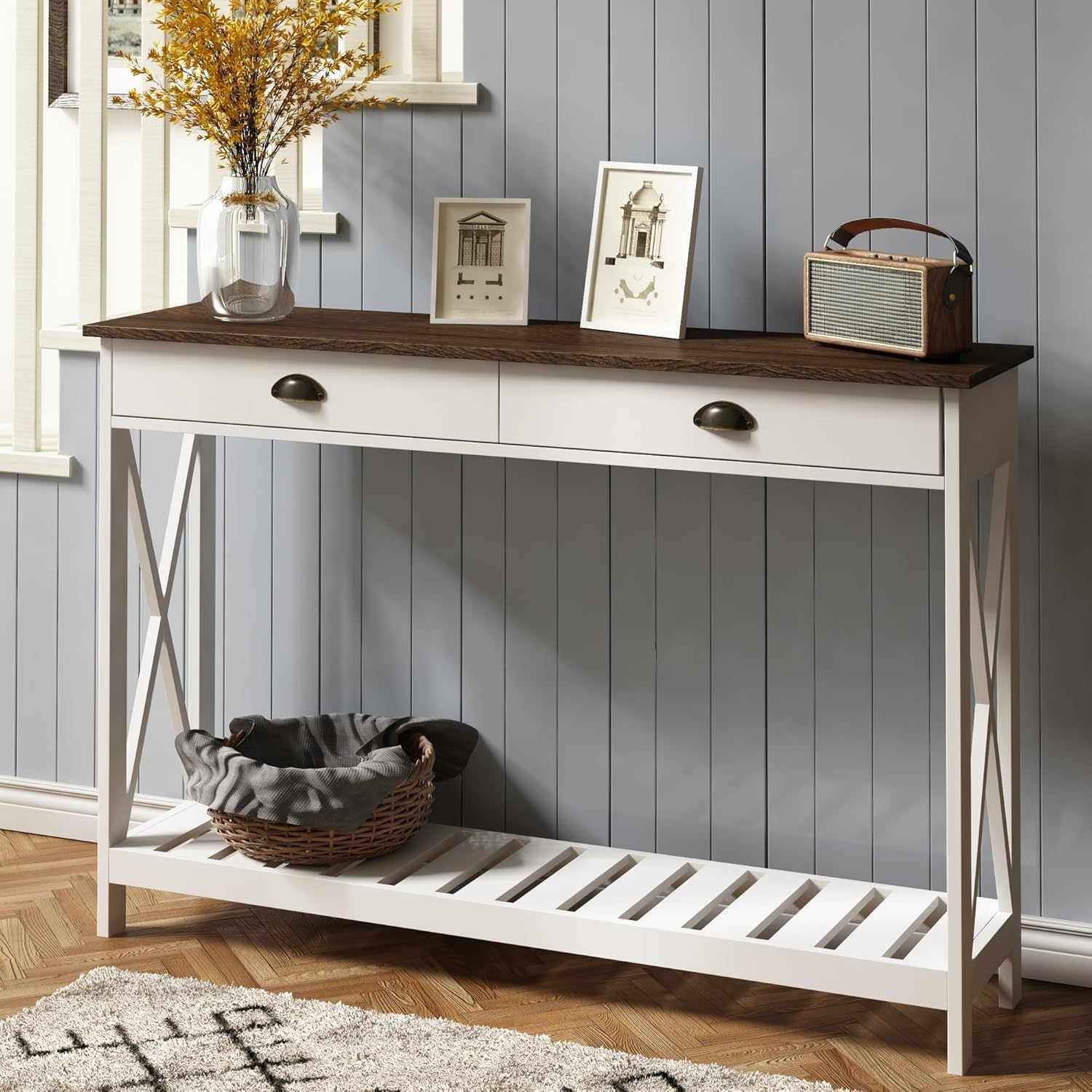 Photo 1 of * BRAND NEW INSIDE BOX* ChooChoo 47" Farmhouse Console Table with Drawer for Entryway, Narrow Long Entry Table with Shelf for Living Room, Rustic Vintage Hallway Sofa Table with Stable X Supports, White