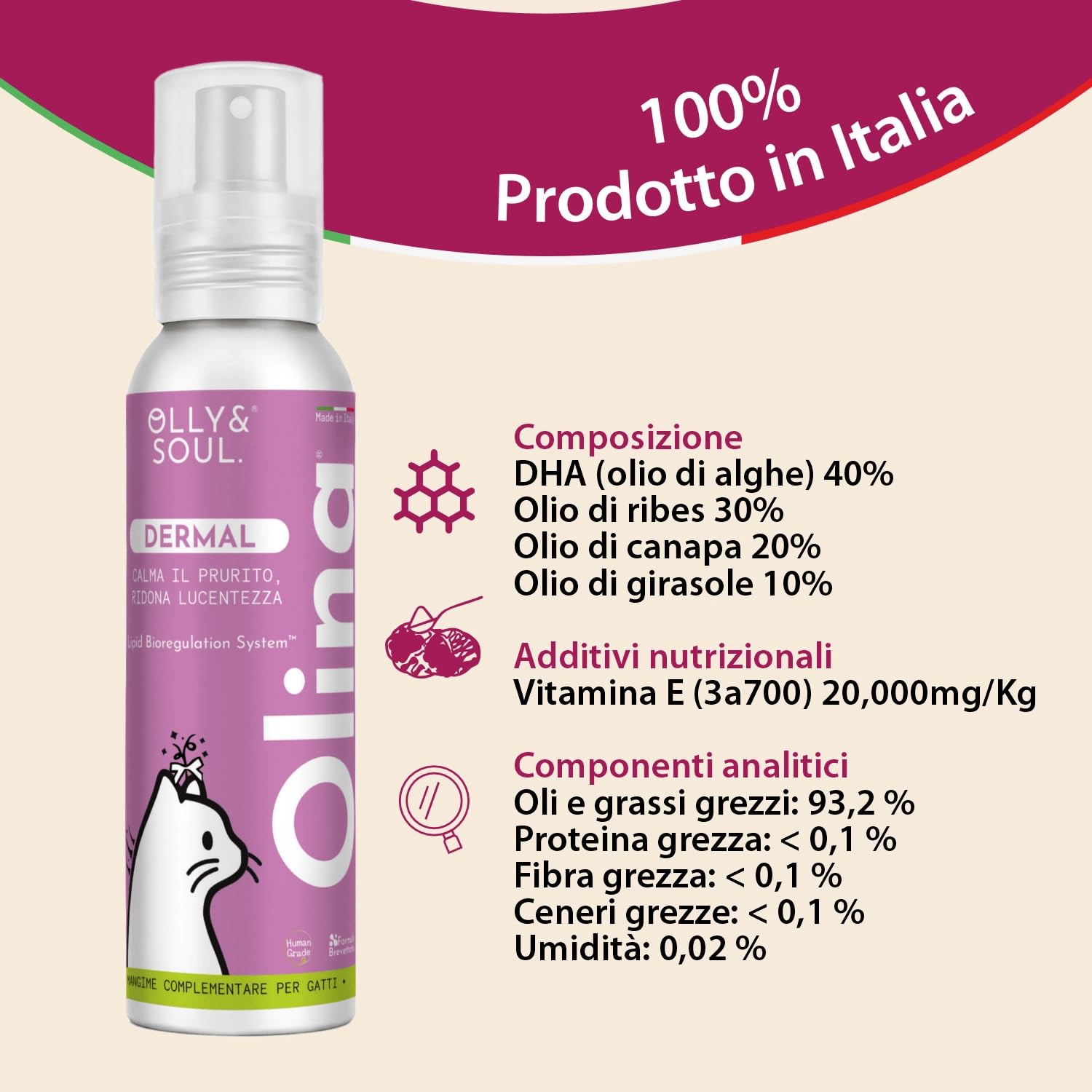 Olina Dermal Gatto - Integratore naturale da spruzzare direttamente sul cibo secco o umido, nutre la pelle e riduce le irritazioni, Calma il prurito, ridona lucentezza - ml 150 Spray