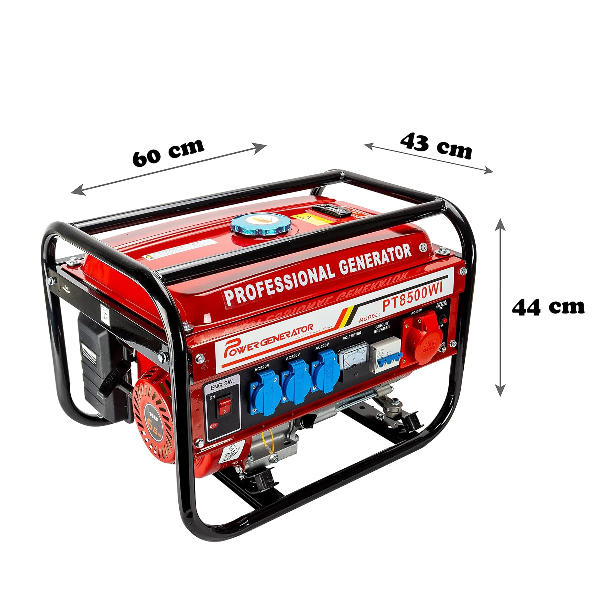 Generador de corriente con gasolina | Accesorios incluidos | Grupo electrógeno silencioso | 5 enchufes 3 x 230 V / 1 x 400 V / 1 x 12 V | 6,5 CV