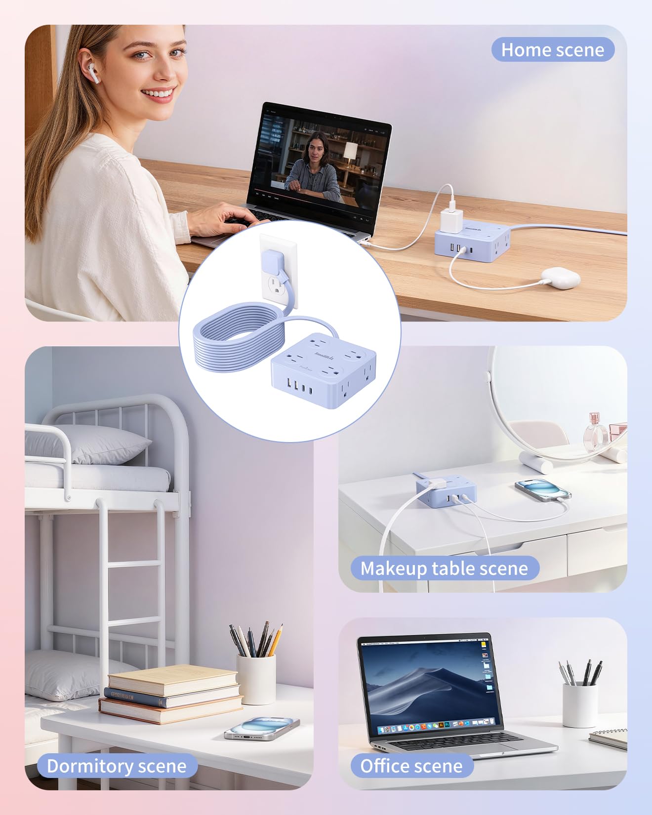 SMALLRT Elektrische Mehrfachkontakt-Steckdose, flach, mit Überspannungsschutz, 8 AC-Steckdosen, 4 USB-Ladegeräte (1 USB-C-Port), ultradünn, flache Steckdose (Blau, 1,98 m)