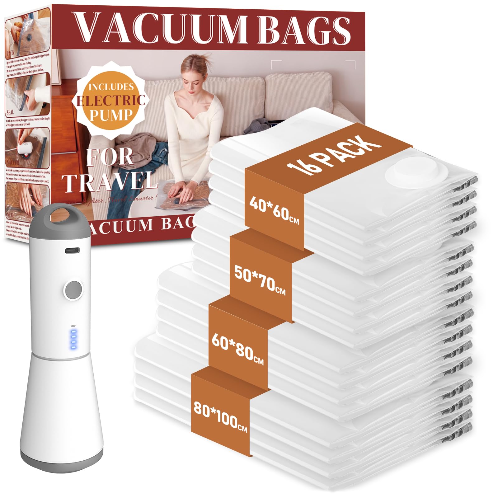 Vacbird Vacuum Storage Bags with Wireless Electric Air Pump, Airtight Compression Bags for Clothes, Blankets, Home Storage,16 Pack