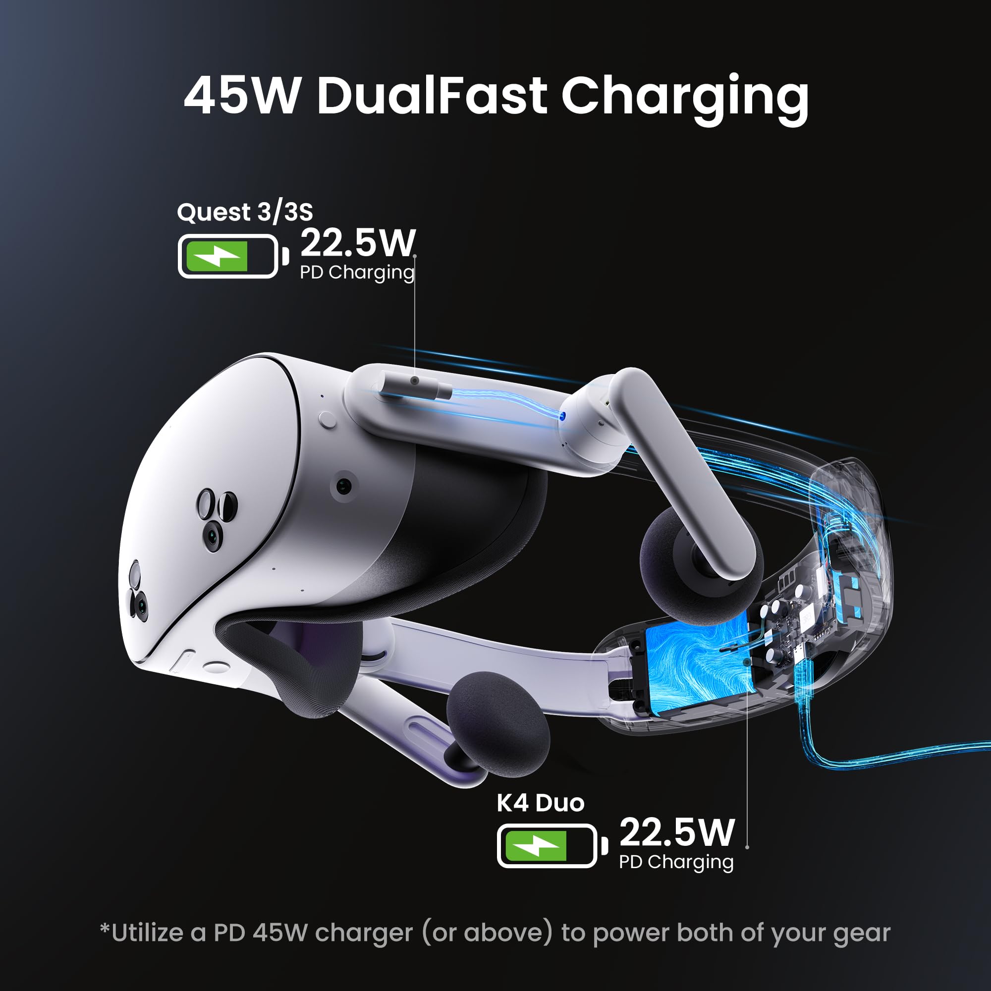 KIWI design K4 Duo AIO Audio Head Strap z Akumulatorem dla Meta Quest 3/3S | Ładowanie DualBoost Słuchawki dla Quest 3/3S, Zbalansowany Projekt, Wzmocniony Dźwięk,Regulowany Pokrętło, Meta Akredytowany