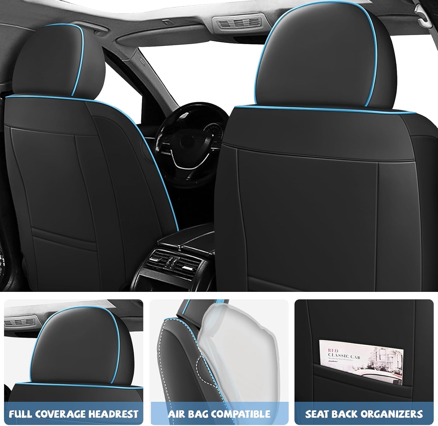 ILMO Nappa Leather Seat Covers Fit for Hyundai Santa Cruz 2022-2026– Waterproof Wear Resistant Car Seat Cover– Full Coverage Seatcover(Black&Blue, Full Set)