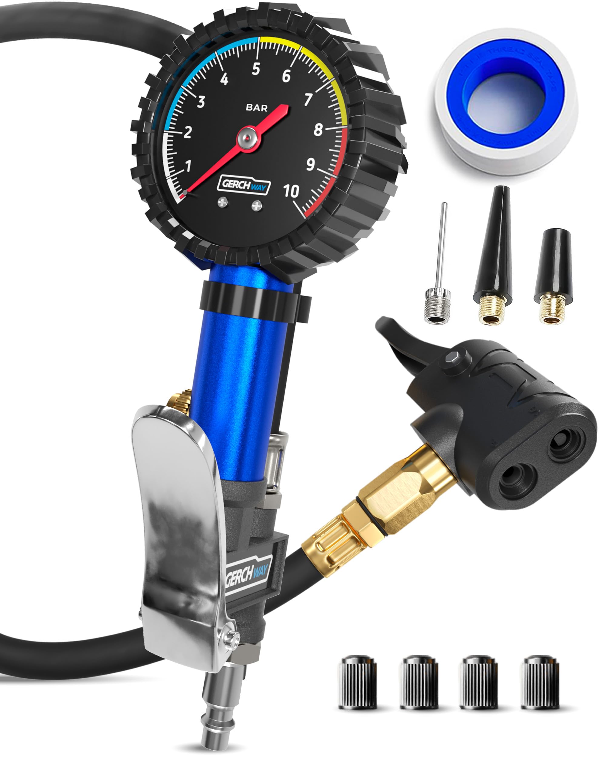 GERCHWAY Reifenfüller mit Manometer 0-10 bar – Dualkopf Ventil-Adapter für Presta/SV (Französisches Ventil) und Schrader/AV, Druckluft für Luftkompressor, Fahrradpumpe-Zubehör – für Fahrrad und Auto