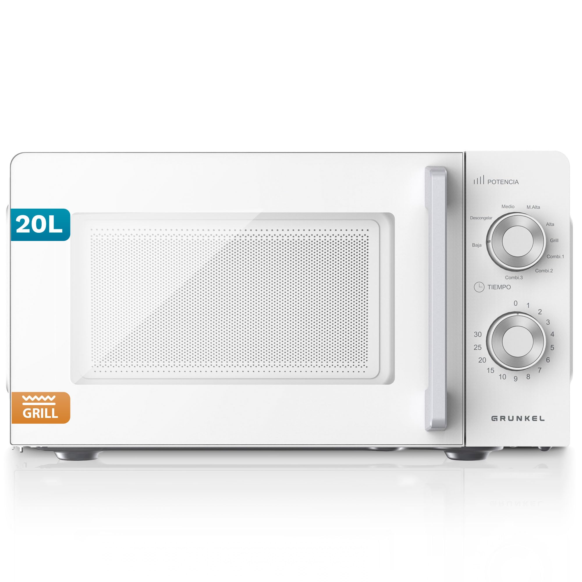 Grunkel Microondas con grill de 20 Litros, 700W + 900W Grill 5-6 Niveles de Potencia, 3 Modos Combinados, Temporizador 30 min Apertura con Tirador y Bandeja Ø245 mm