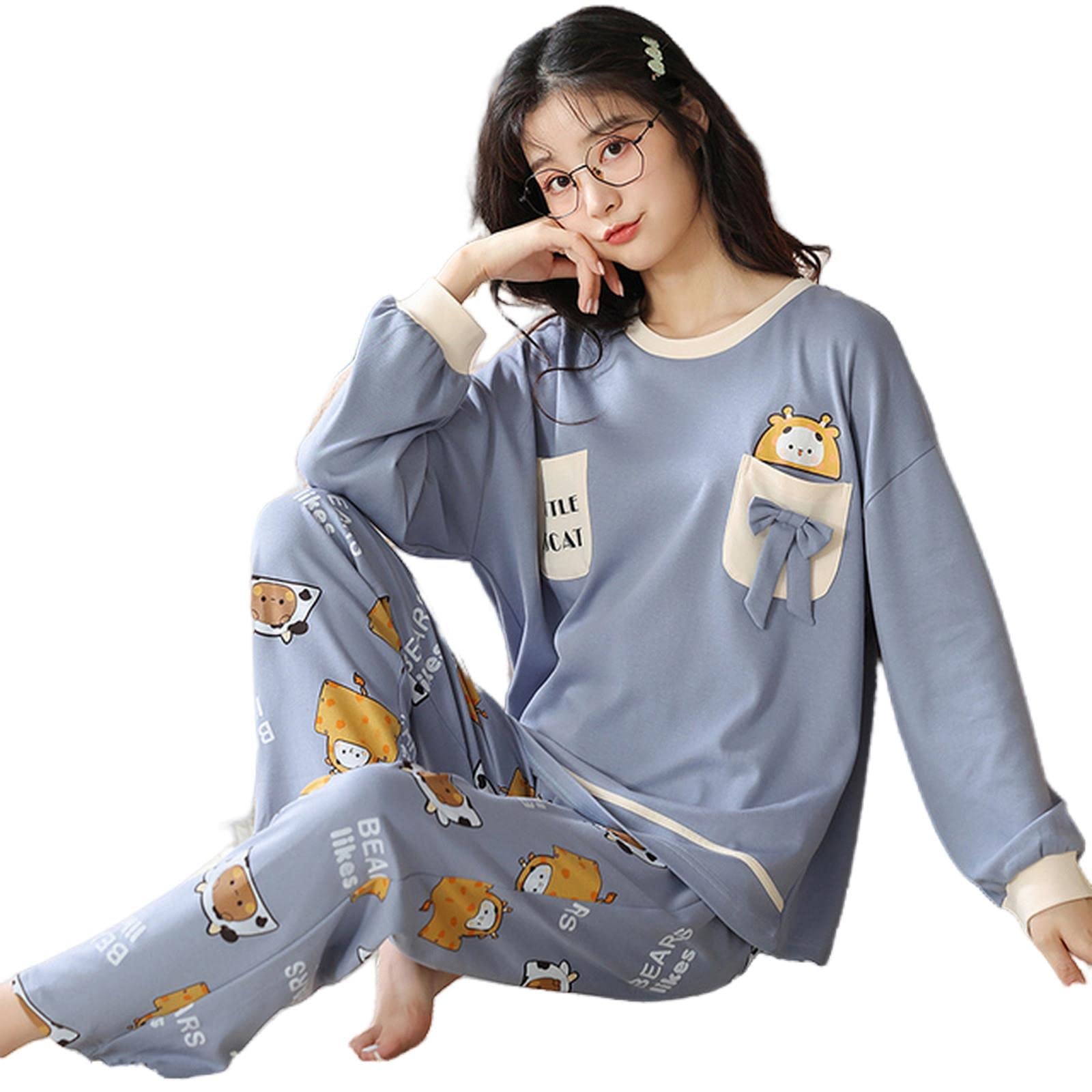 MOGSA Pyjama pour femme Printemps Automne Coton Pyjama Ensembles Femmes Pyjama Cartoon Plaid Vêtements de nuit Vêtements de détente Costumes de nuit Homewear-W2, 2XL Asiatique (70-80 kg), gris