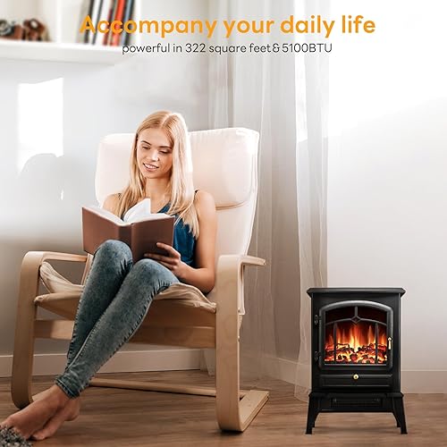 Miniatura 7 de Xbeauty Estufa eléctrica de chimenea de 22 pulgadas, calentador de chimenea independiente con brillo de llama 3D ajustable, control de termostato y