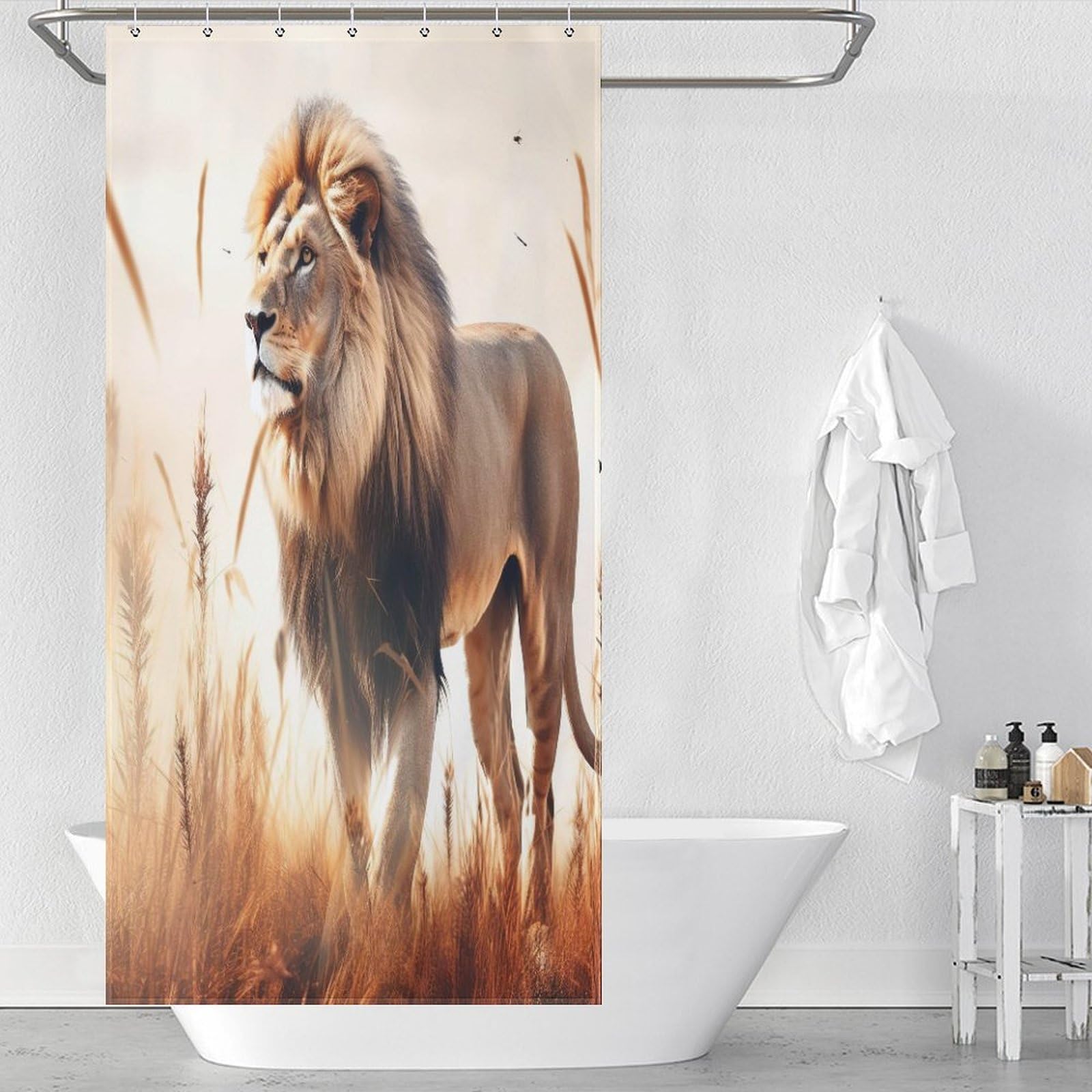 Rideau de douche lion 92x183 cm imperméable pour baignoire