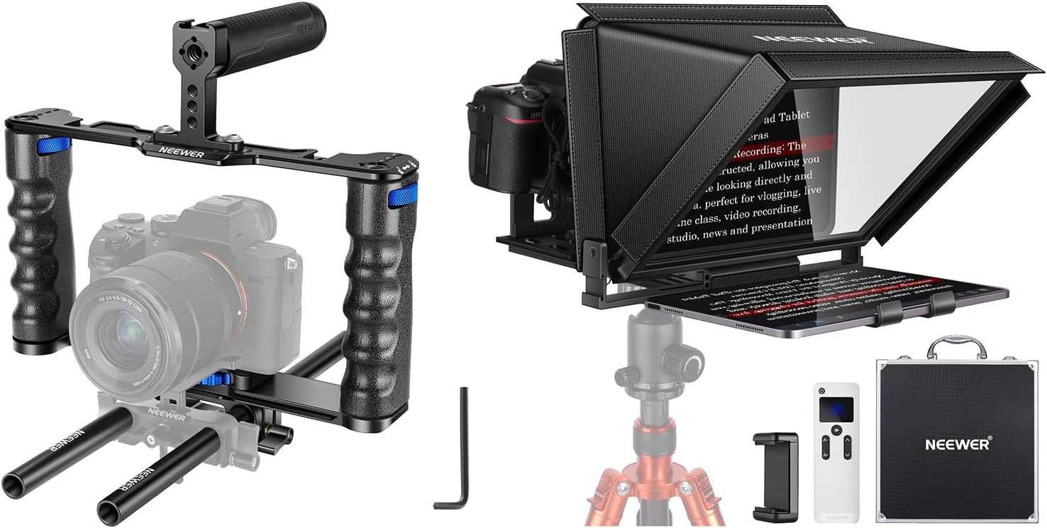 NEEWER Aluminum Alloy Camera Cage, Filmmaking Rig with Top Handle, Dual Grips & Arca Type Base, X12 Aluminum Teleprompter with RT-110 Remote Control Included