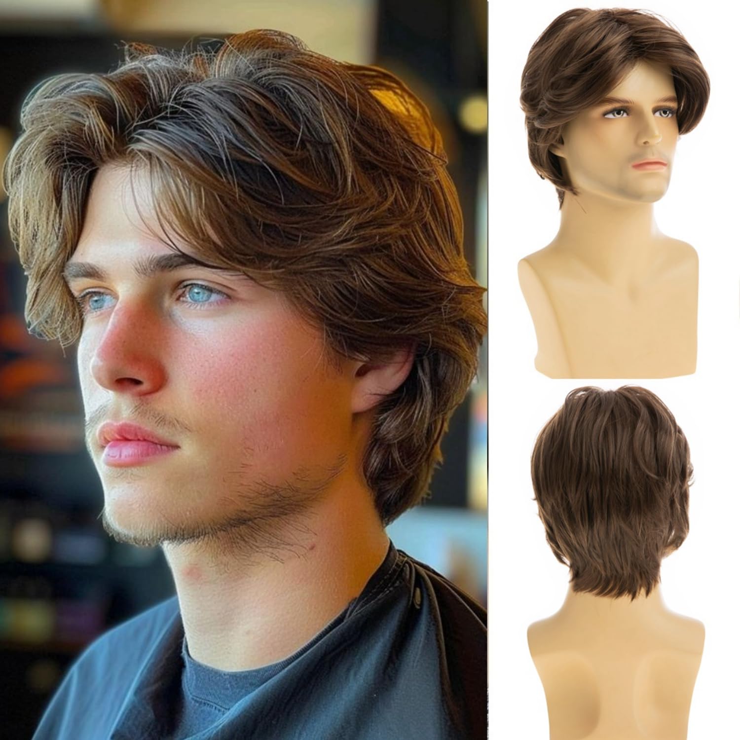 Short Brown Wig for Mens Layeded Natural Fluffy Synthetic Hair Wig Heat Resistant Halloween Cosplay with Hair Cap
