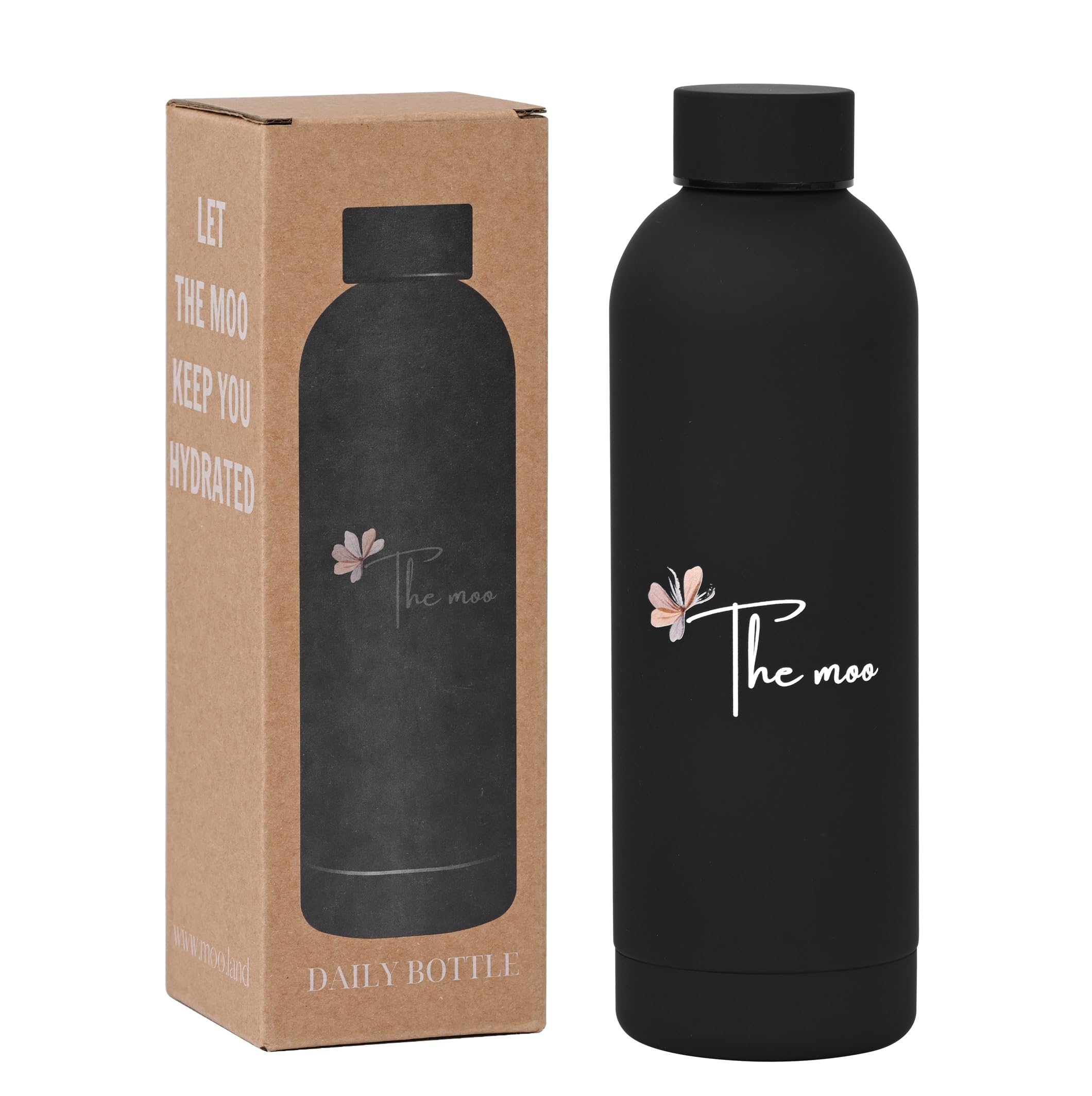 The mooWater Bottle Stainless Steel – 500ml, Premium water bottle for refreshment “On-the-Go”, Leak proof, double wall thermolab series, bottle for Yogi, Sporter, Kids, BPA Free (Black)