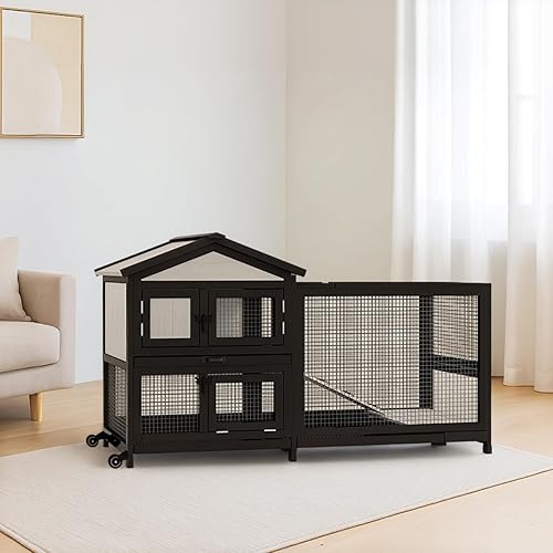57.9” Indoor/Outdoor Rabbit Hutch with Run, 2-Story Wooden Bunny House with Leak-Proof Trays & Chew-Proof Ramp, Wheels for Easy Movement