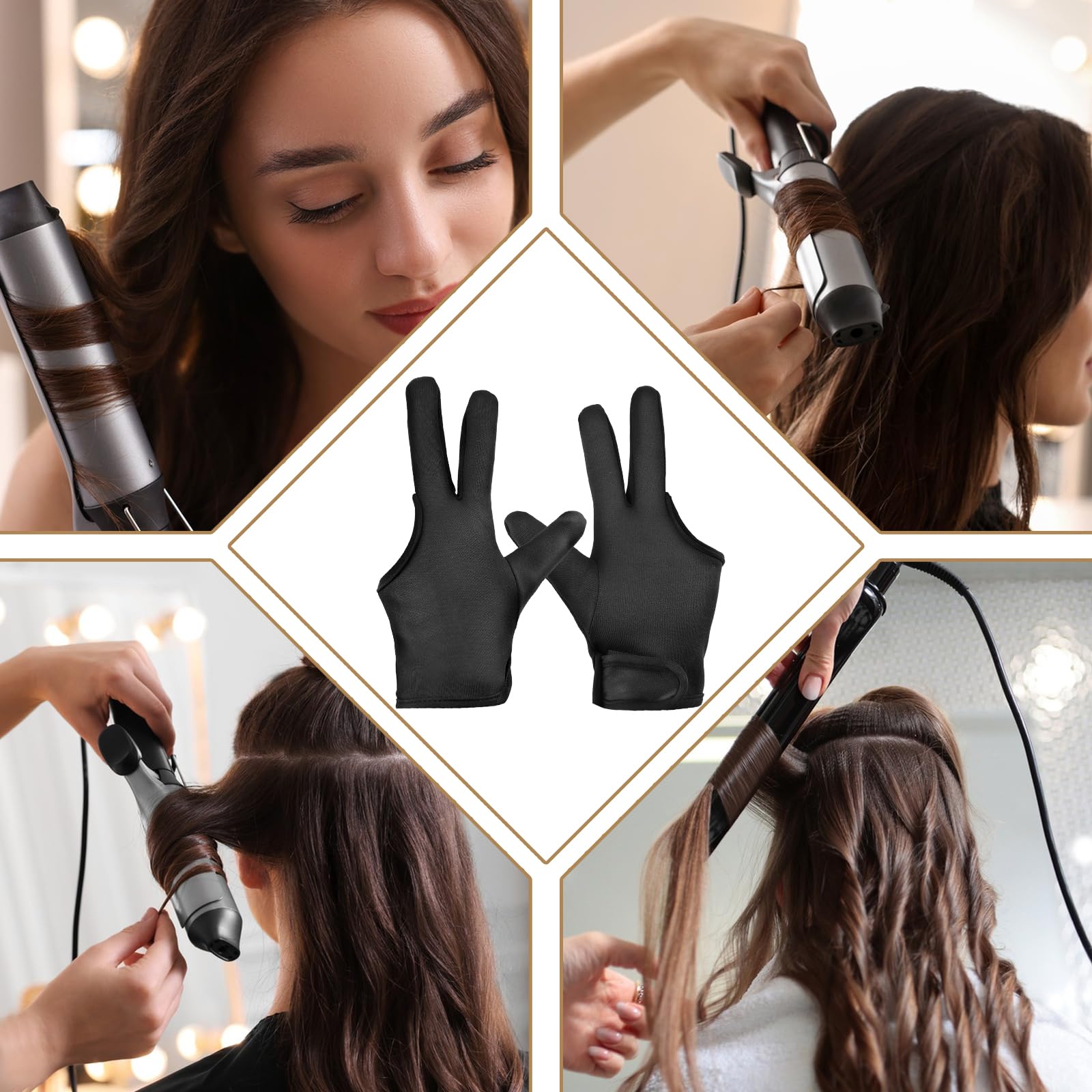 Ptwola Lot de 2 gants résistants à la chaleur pour coiffer les cheveux - Blocage de la chaleur à trois doigts - Accessoires de fer à friser et fer à lisser - Protège contre les brûlures
