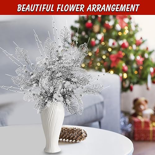 Miniatura 2 de Juego de 6 flores de Pascua artificiales de 17 pulgadas con purpurina, decoraciones para árbol de Navidad, adornos de corona de Año Nuevo, adornos