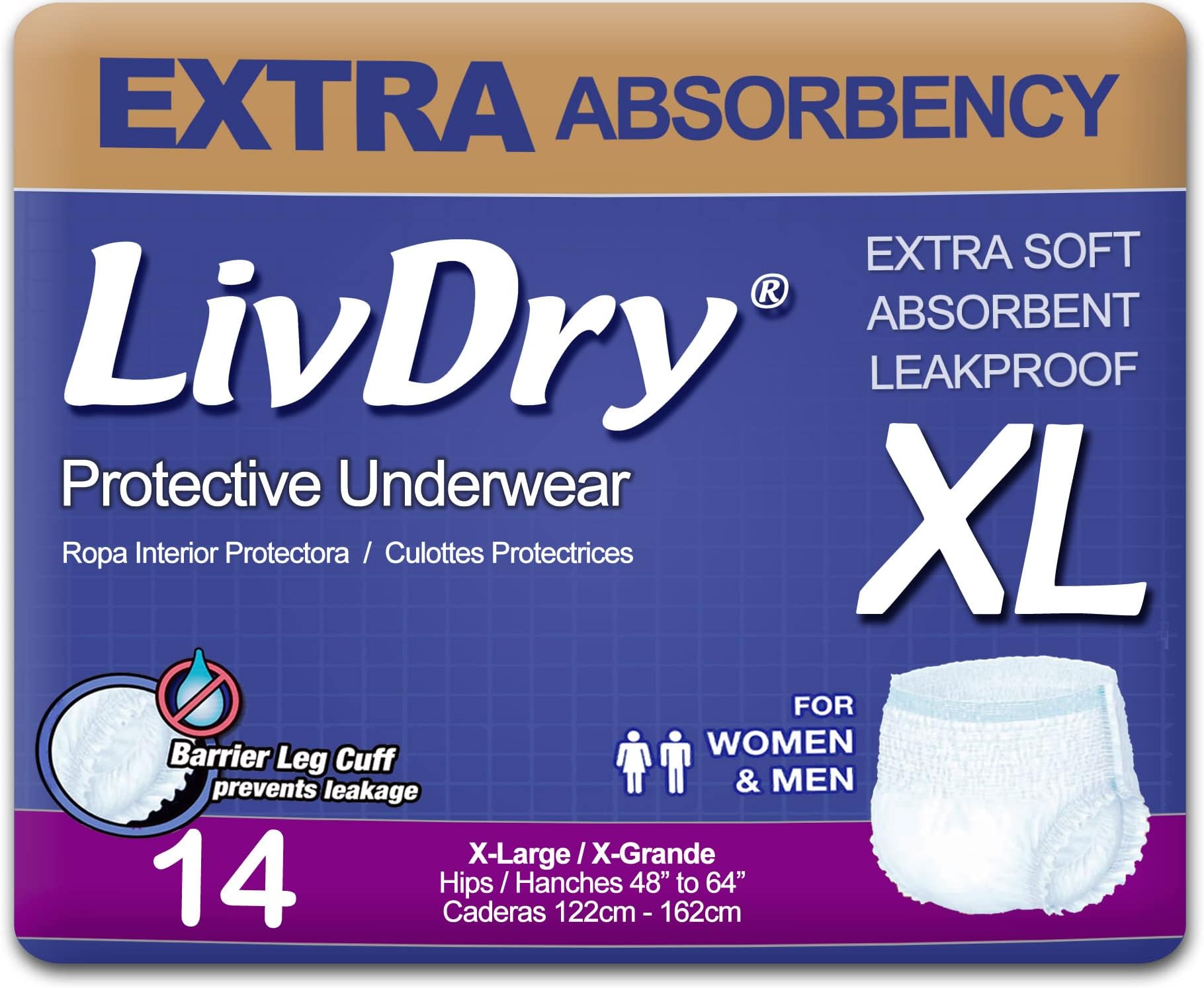- LivDry Adult XL Incontinence Underwear, Extra Absorbency Adult Diapers, Leak Protection, X-Large, 14-Pack