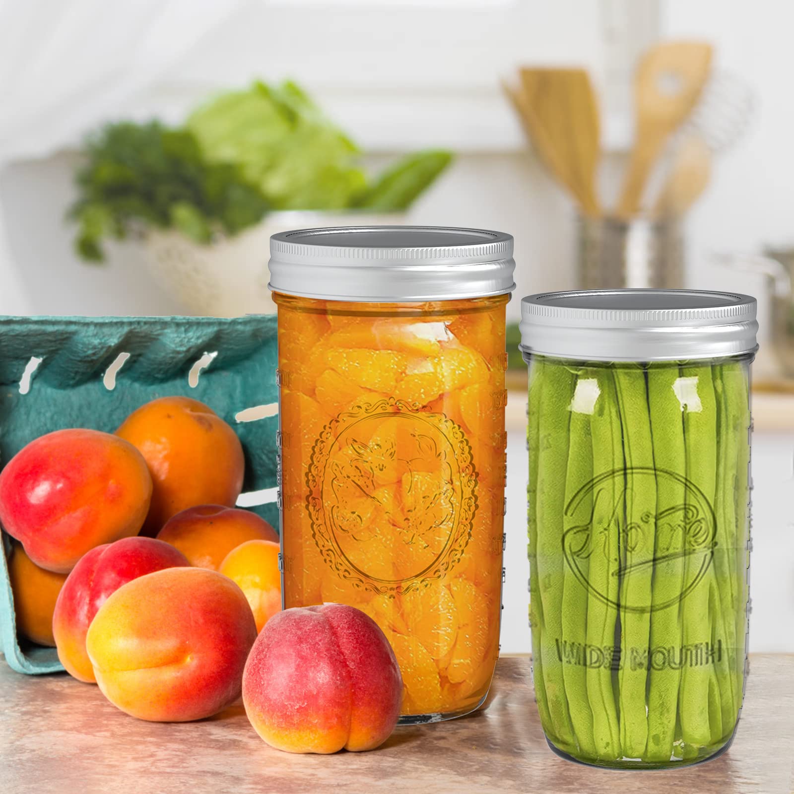 Tebery Paquete de 6 tarros de vidrio de boca ancha con tapas herméticas y bandas, tarros de vidrio de 24 onzas para conservas, fermentación, decapado, preparación de comidas, avena nocturna,
