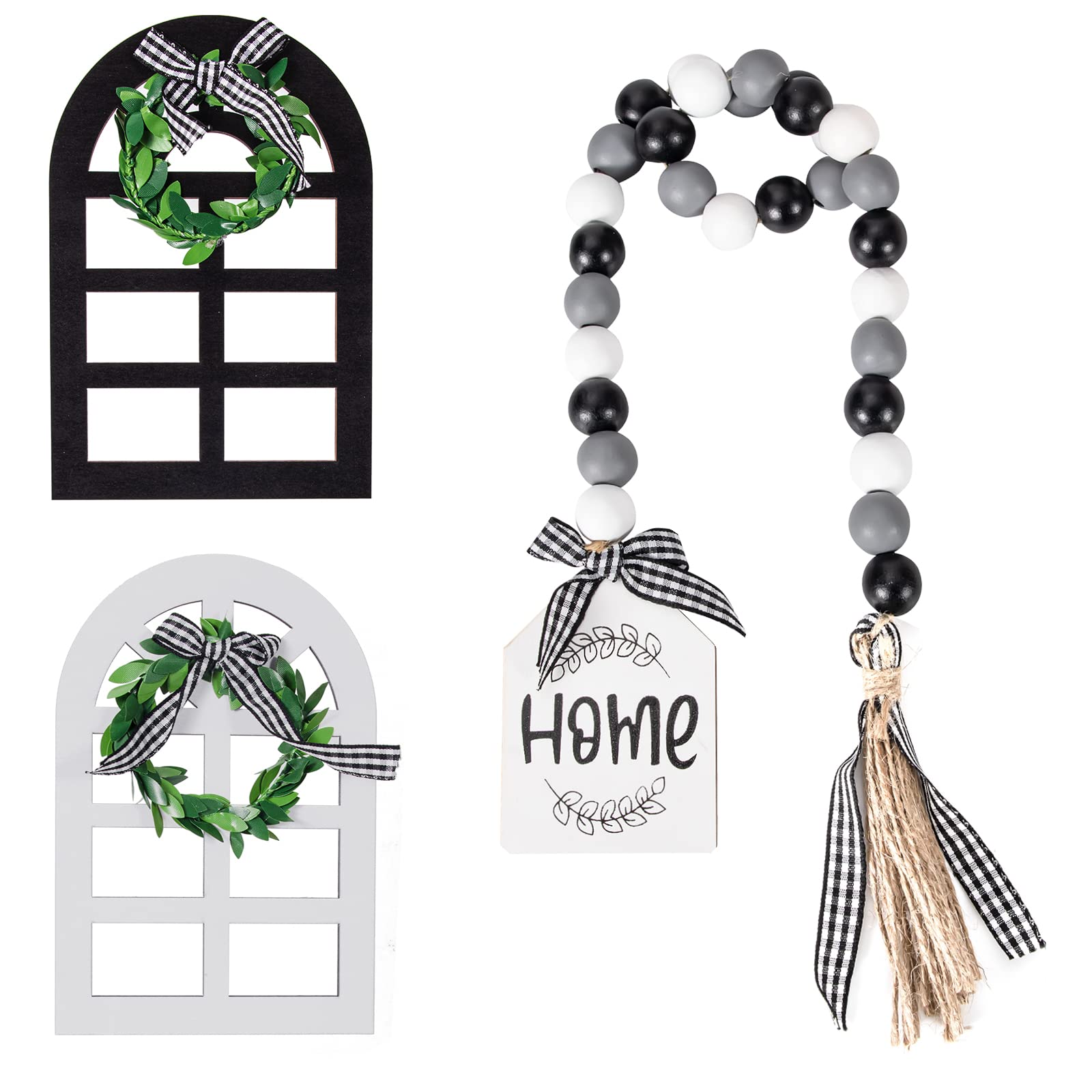 3 Pieces Wooden Farmhouse Window Tiered Tray Decor, Wood Bead Garland with Tassel Plaid Rustic Farmhouse Decor Wooden Farmhouse Window Tiered Tray Black White Plaid Rustic Decor for Vintage Decor