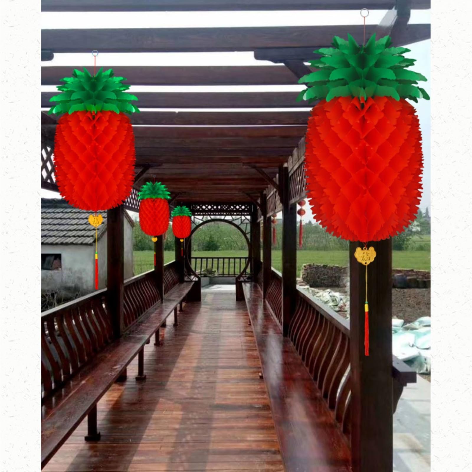 Wiosenna Latarnia Festiwalowa, 10-częściowa Wisząca Dekoracja W Kształcie Ananasa Na Imprezę Z Okazji Chińskiego Nowego Roku Przyjęcie(Rot,25cm)