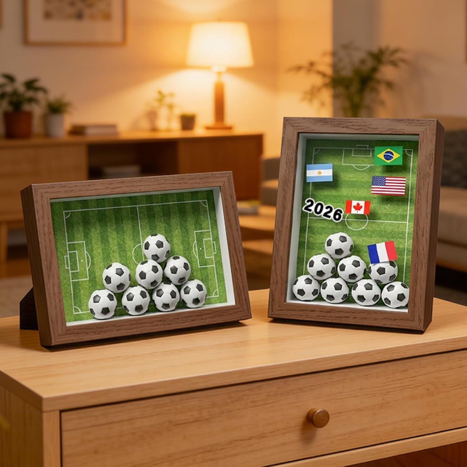 4x6 Soccer Shadow Box Frame, DIY 2026 Photo Display Case with Mini Soccer Balls, Flag Stickers & Field Backdrop, Wall or Tabletop Memory Box, Walnut-Look MDF Frame with Glass Front
